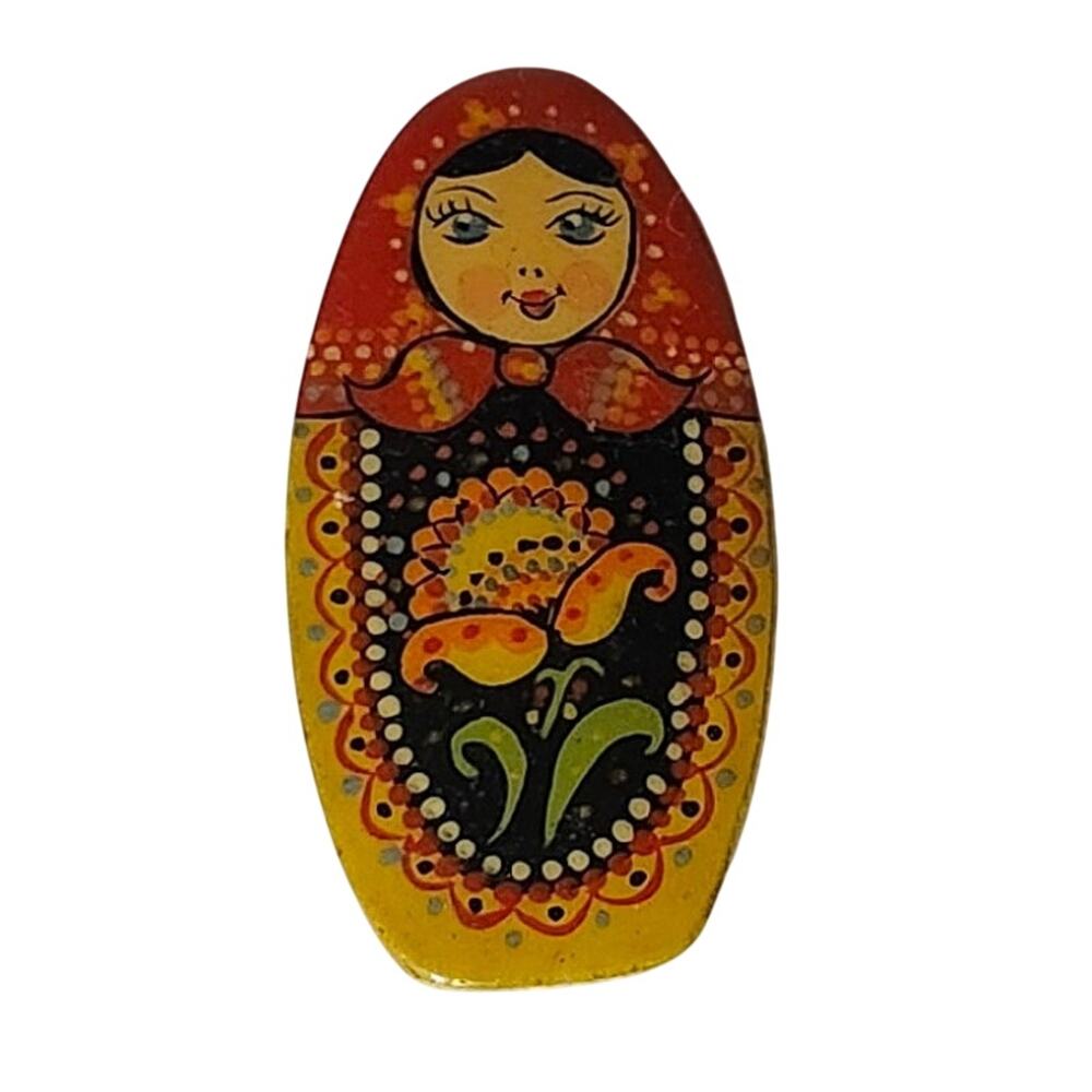 Vintage Russian Matryoshka Nesting Doll Wooden Brooch Pin